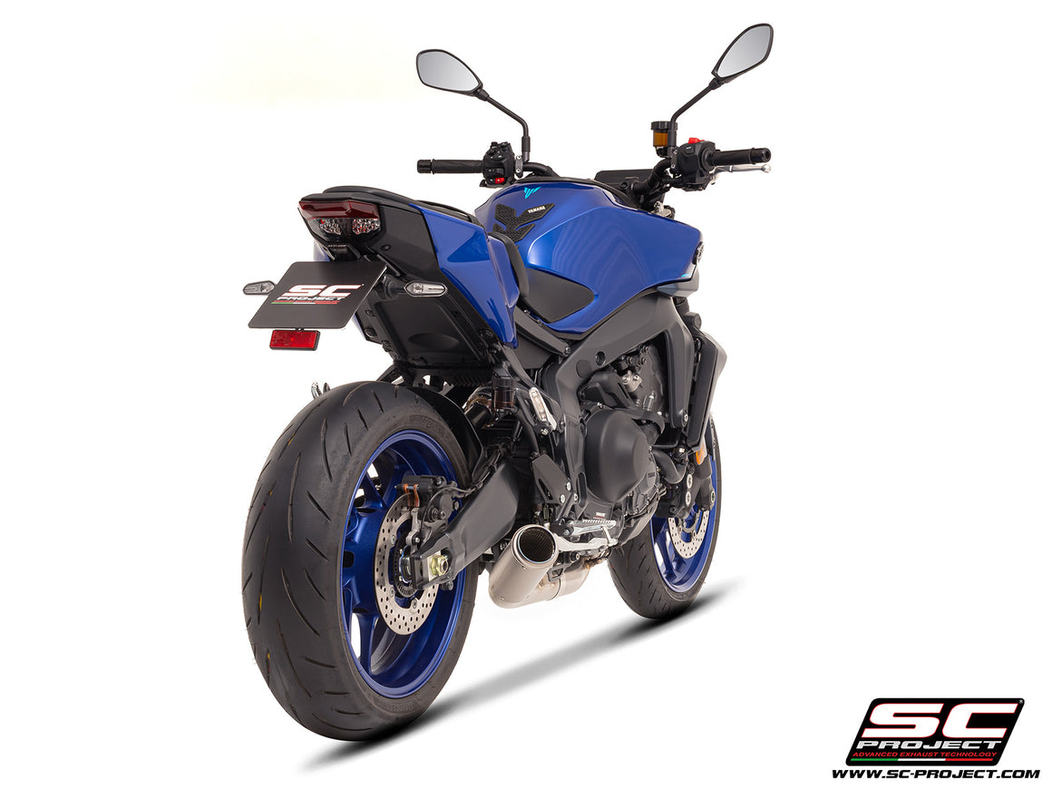 YAMAHA MT-09 (2024 - 2025) with SC-Project CR-T titanium exhaust, 3/4 rear view