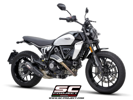 Ducati Scrambler 800 with SC-Project CR-T carbon exhaust, with stoneguard grid, 3/4 rear view