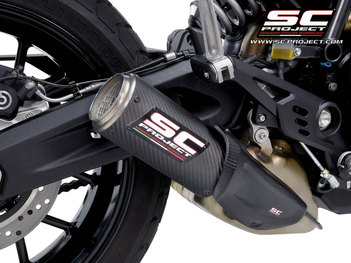 Ducati Scrambler 800 with SC-Project CR-T carbon exhaust, with stoneguard grid, 3/4 rear view