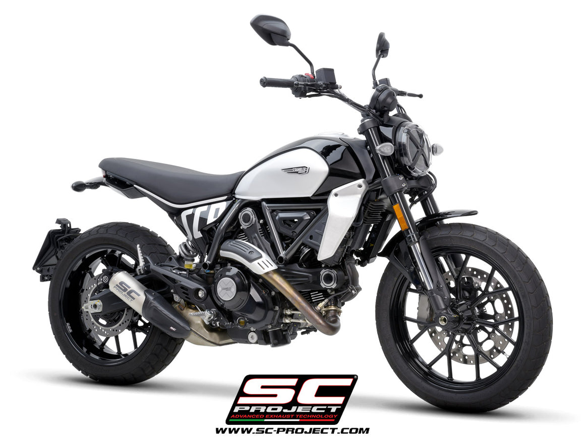 Ducati Scrambler 800 with SC-Project CR-T titanium exhaust, with stoneguard grid, 3/4 rear view