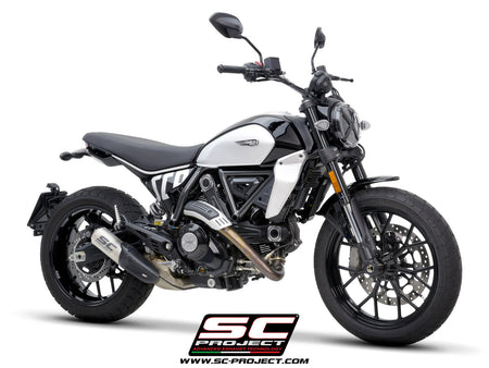 Ducati Scrambler 800 with SC-Project CR-T titanium exhaust, with stoneguard grid, 3/4 rear view