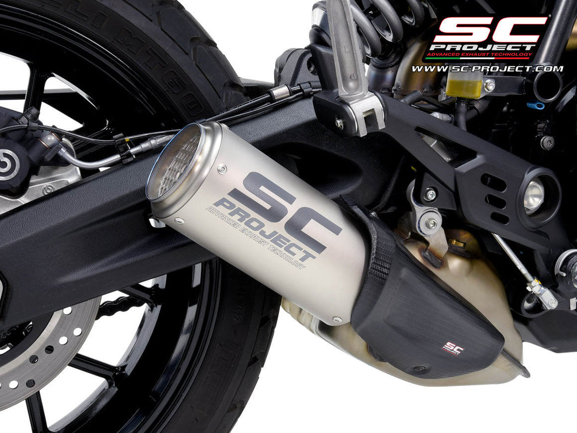 Ducati Scrambler 800 with SC-Project CR-T titanium exhaust, with stoneguard grid, 3/4 rear view