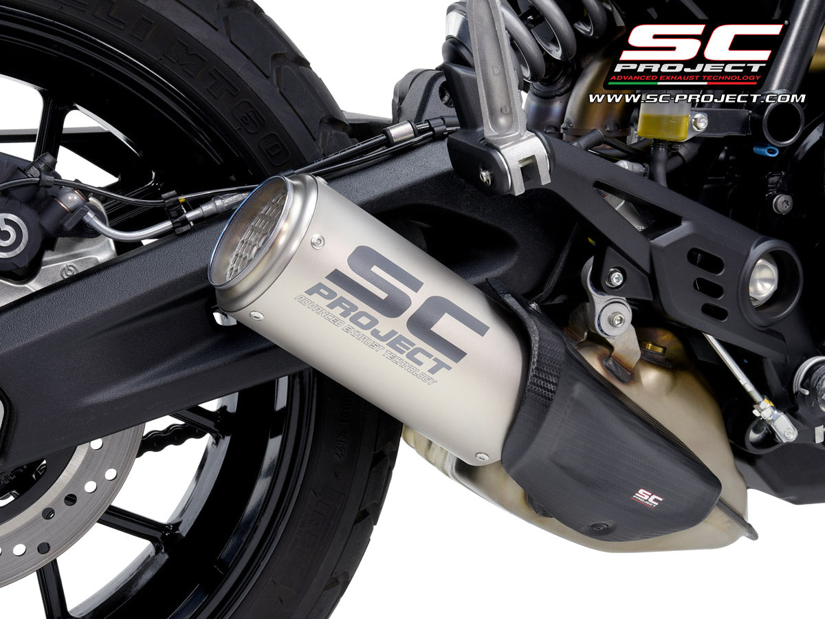 Ducati Scrambler 800 with SC-Project CR-T titanium exhaust, with stoneguard grid, 3/4 rear view