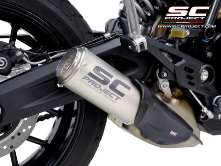 Ducati Scrambler 800 with SC-Project CR-T titanium exhaust, with stoneguard grid, 3/4 rear view