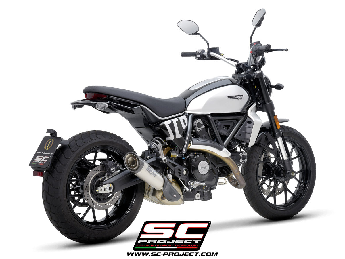 Ducati Scrambler 800 with SC-Project S1 titanium exhaust, 3/4 rear view