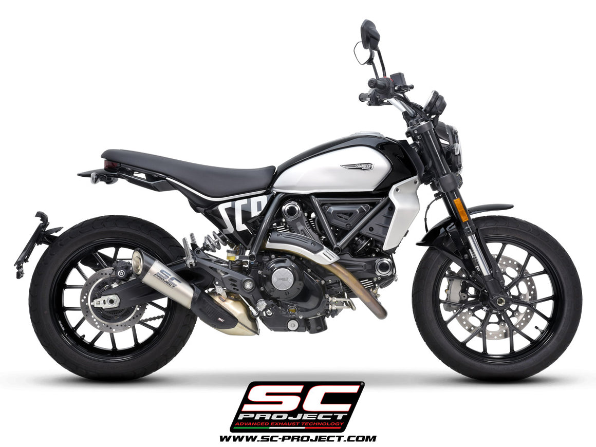Ducati Scrambler 800 with SC-Project S1 titanium exhaust, 3/4 rear view