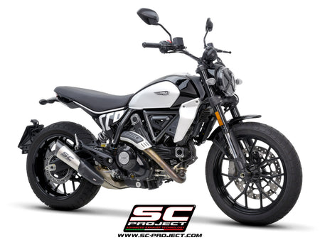 Ducati Scrambler 800 with SC-Project S1 titanium exhaust, 3/4 rear view