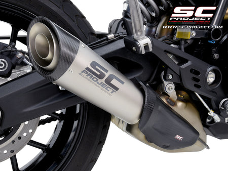 Ducati Scrambler 800 with SC-Project S1 titanium exhaust, 3/4 rear view
