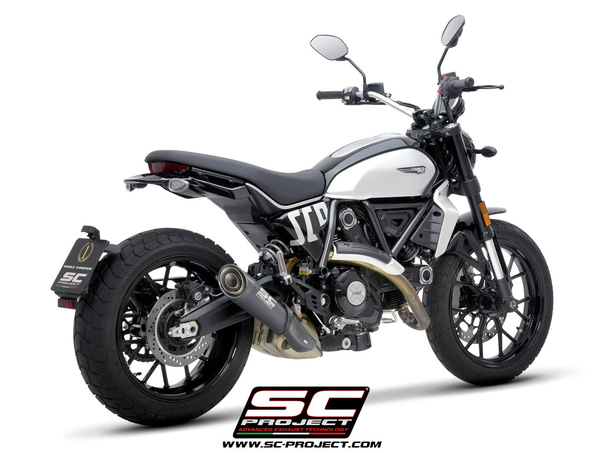 Ducati Scrambler 800 with SC-Project S1 titanium matt black exhaust, 3/4 rear view