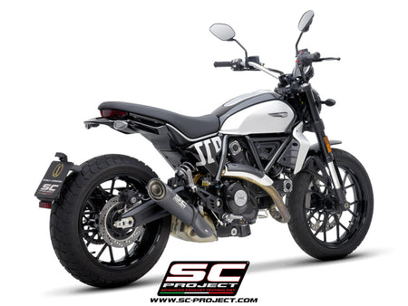 Ducati Scrambler 800 with SC-Project S1 titanium matt black exhaust, 3/4 rear view