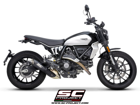 Ducati Scrambler 800 with SC-Project S1 titanium matt black exhaust, 3/4 rear view