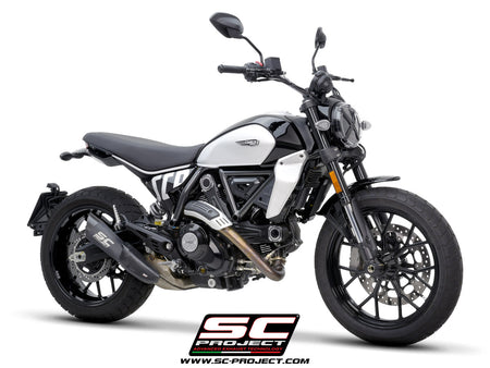 Ducati Scrambler 800 with SC-Project S1 titanium matt black exhaust, 3/4 rear view