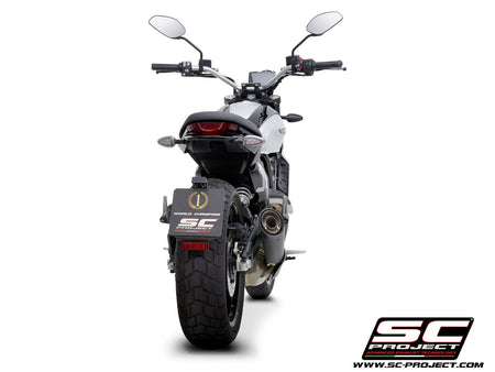 Ducati Scrambler 800 with SC-Project S1 titanium matt black exhaust, 3/4 rear view