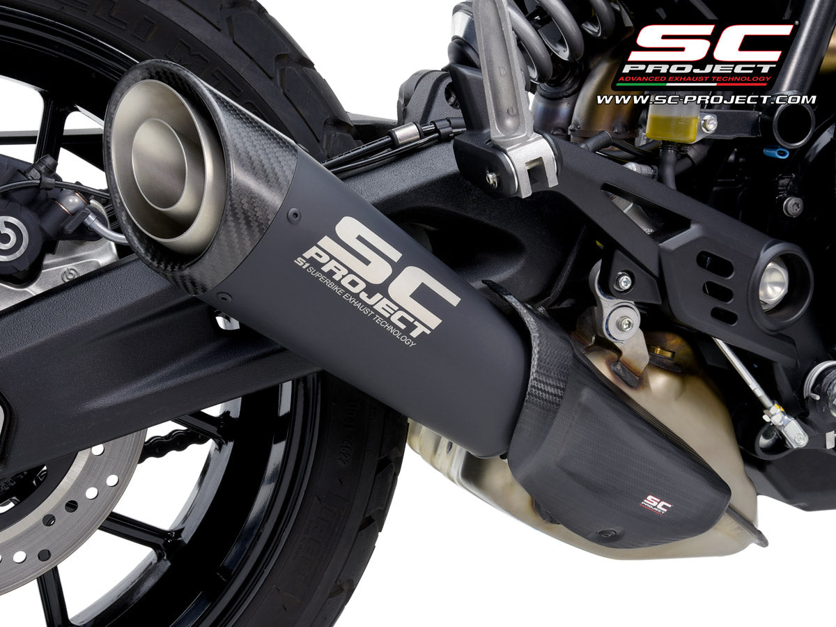 Ducati Scrambler 800 with SC-Project S1 titanium matt black exhaust, 3/4 rear view