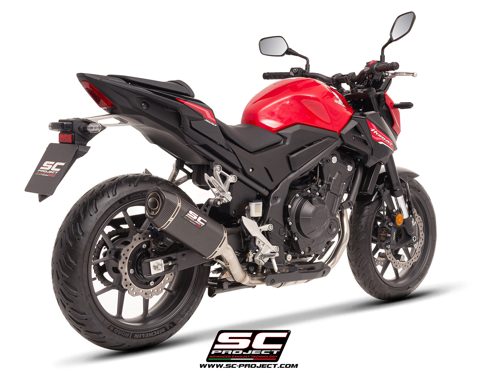 Honda CB500 Hornet with SC-Project SC1-S carbon exhaust, 3/4 rear view
