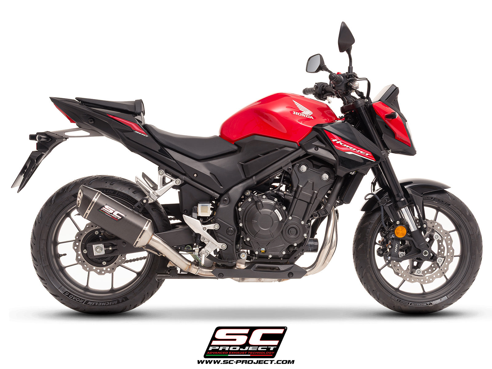 Honda CB500 Hornet with SC-Project SC1-S carbon exhaust, 3/4 rear view