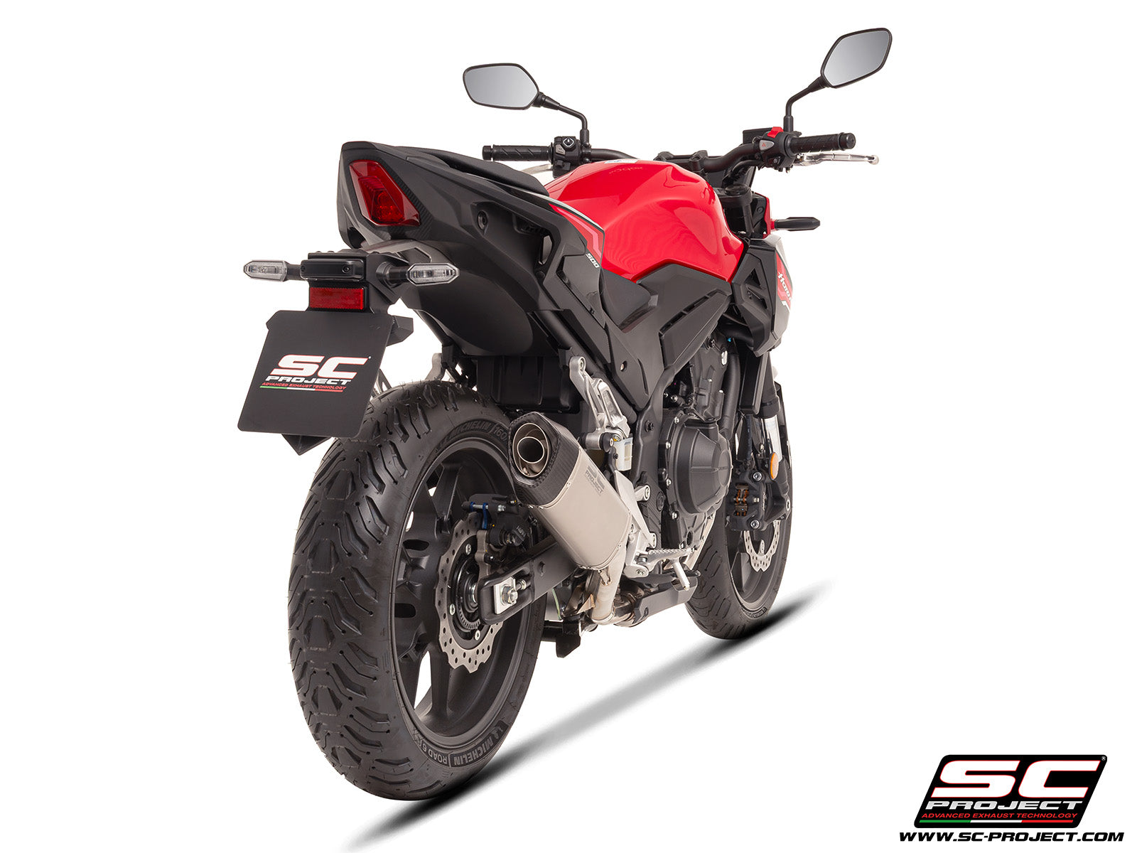 Honda CB500 Hornet with SC-Project SC1-S titanium exhaust, 3/4 rear view