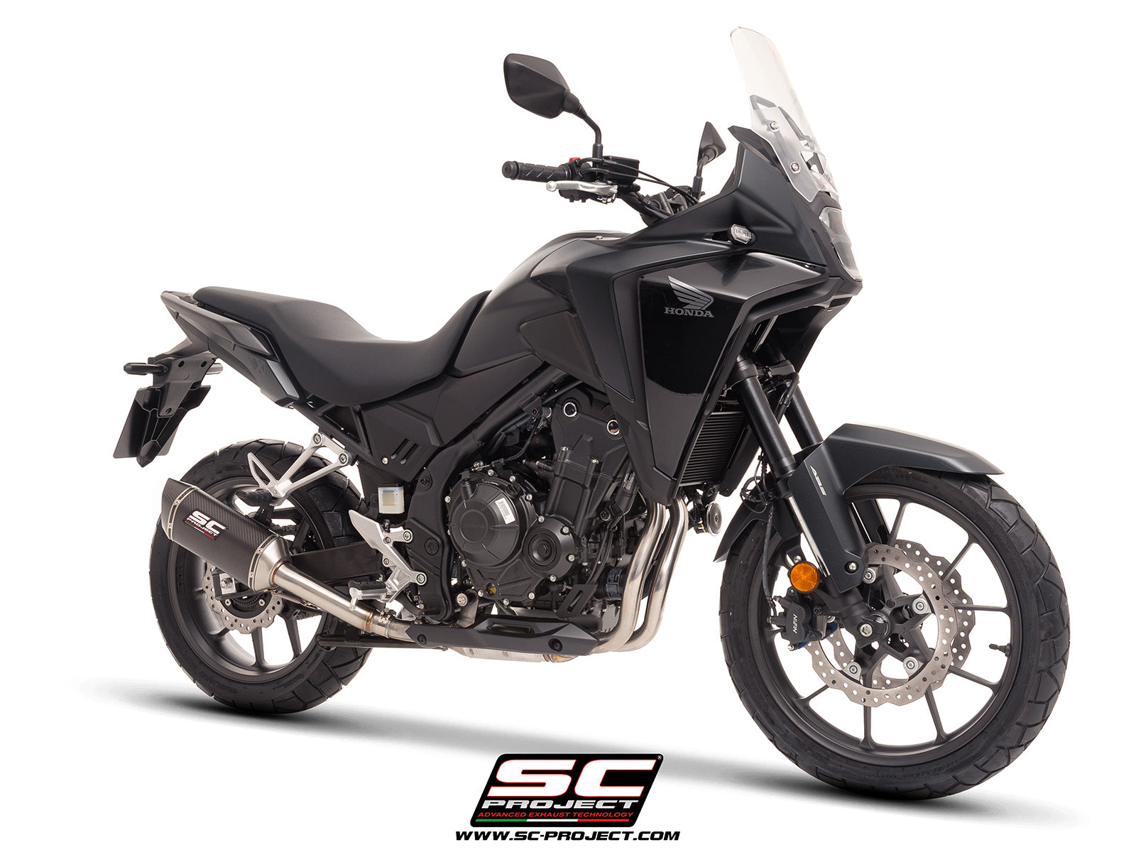 Honda NX500 with SC-Project SC1-S carbon exhaust, 3/4 rear view