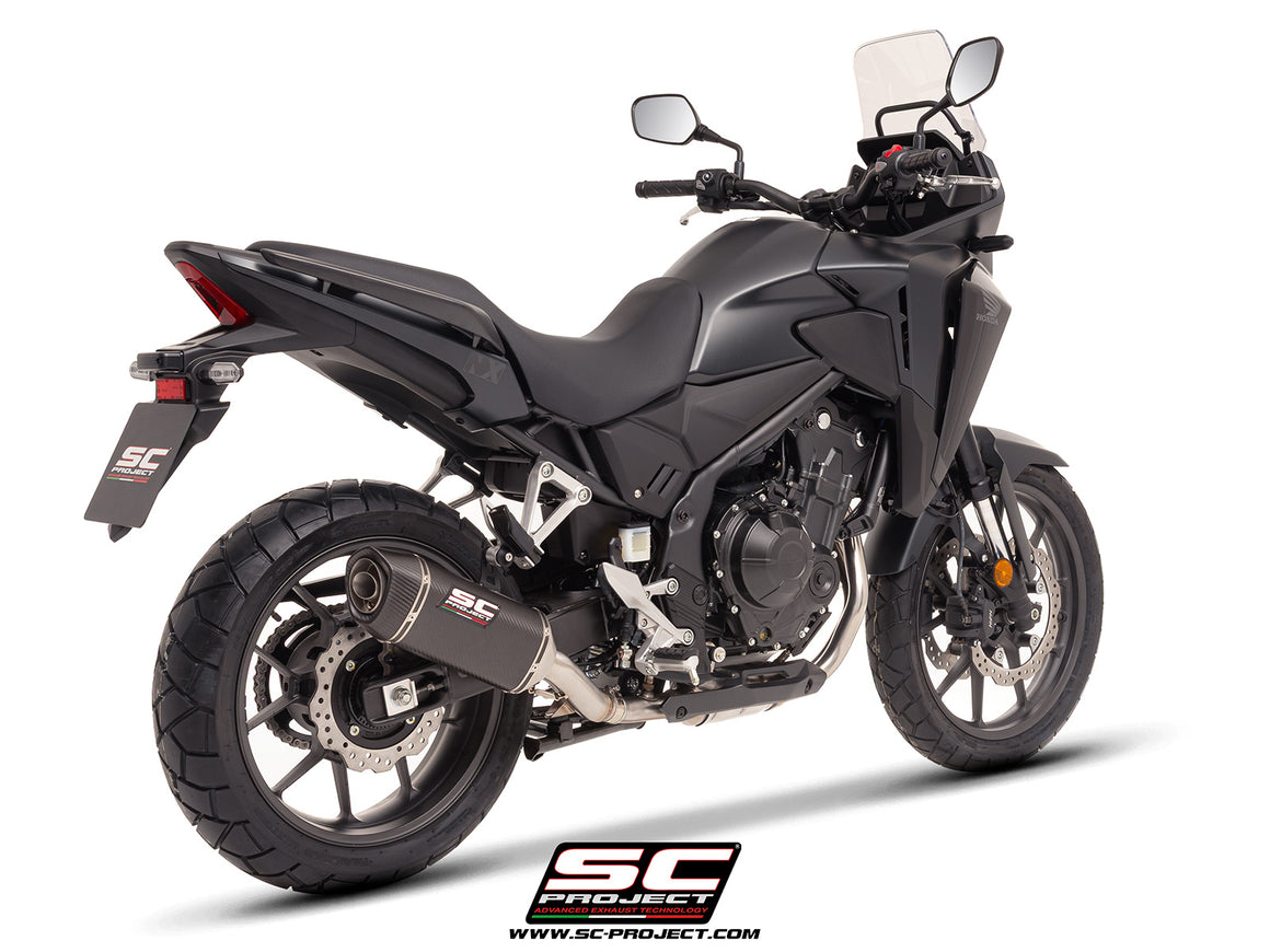 Honda NX500 with SC-Project SC1-S carbon exhaust, 3/4 rear view