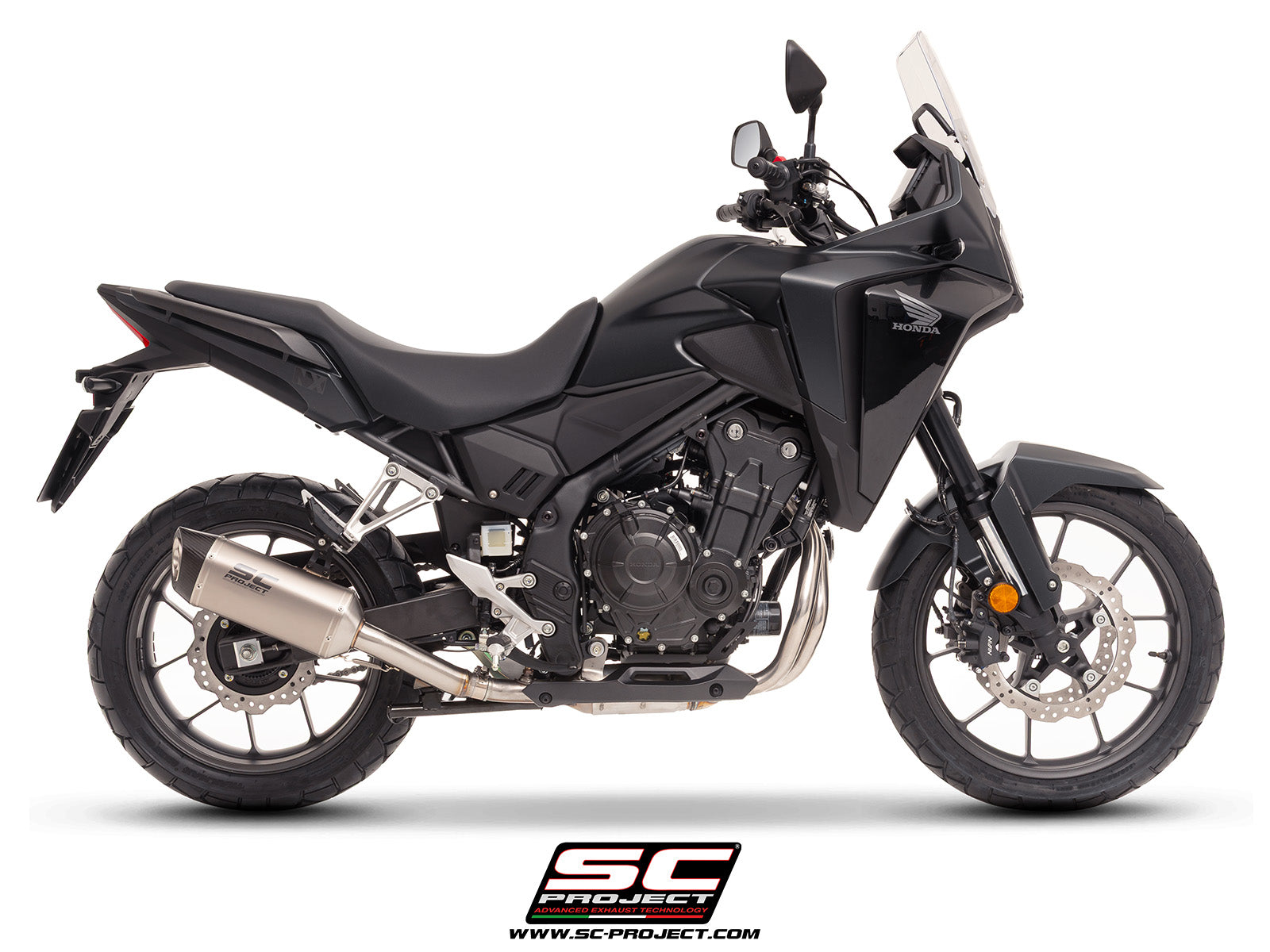 Honda NX500 with SC-Project SC1-S titanium exhaust, 3/4 rear view