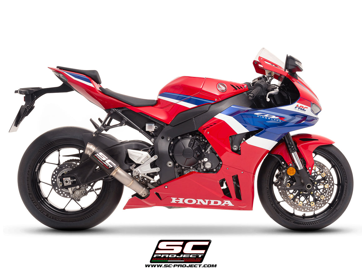Honda CBR1000RR-R 2025 with SC-Project GP70-R carbon exhaust, 3/4 rear view