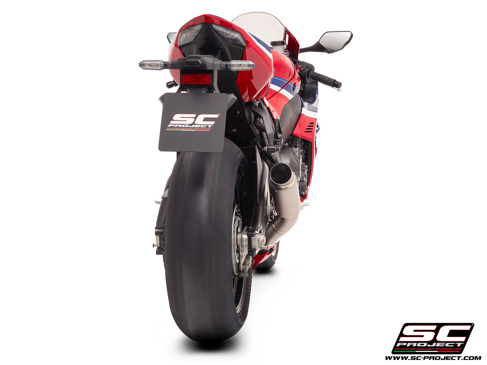 Honda CBR1000RR-R 2025 with SC-Project GP70-R titanium exhaust, 3/4 rear view