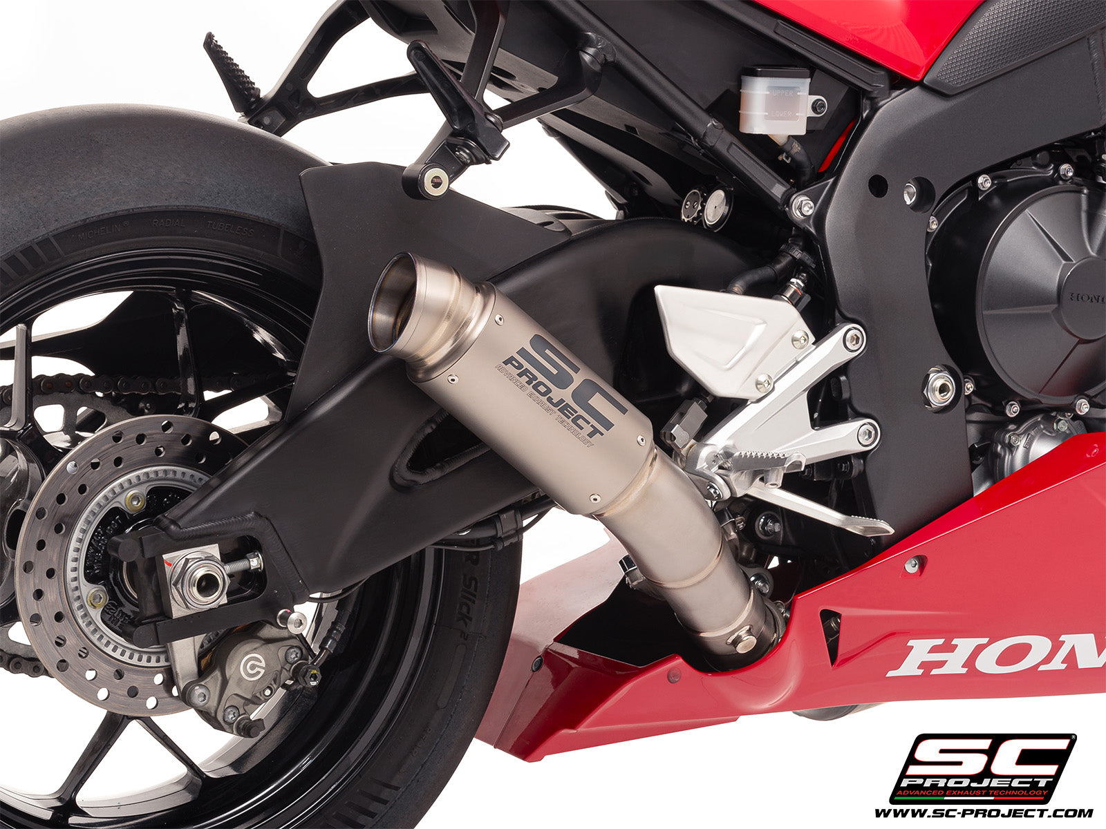 Honda CBR1000RR-R 2025 with SC-Project GP70-R titanium exhaust, 3/4 rear view