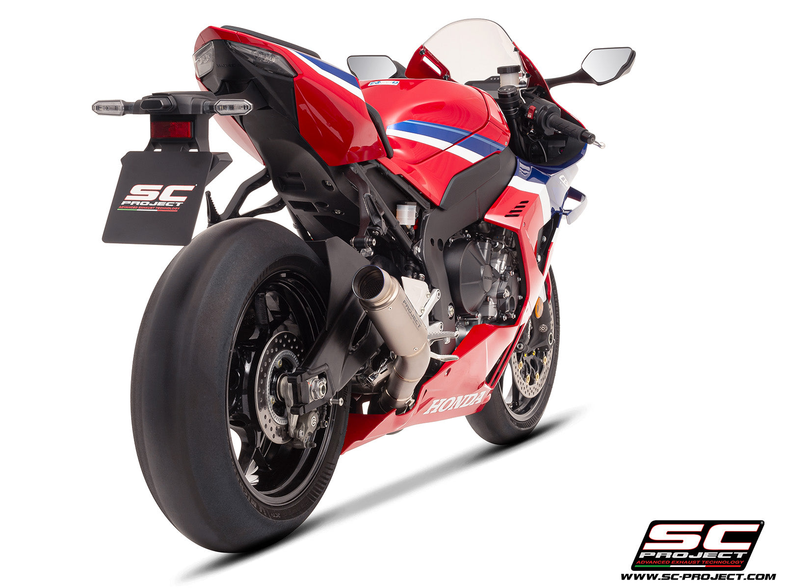 Honda CBR1000RR-R 2025 with SC-Project GP70-R titanium exhaust, 3/4 rear view