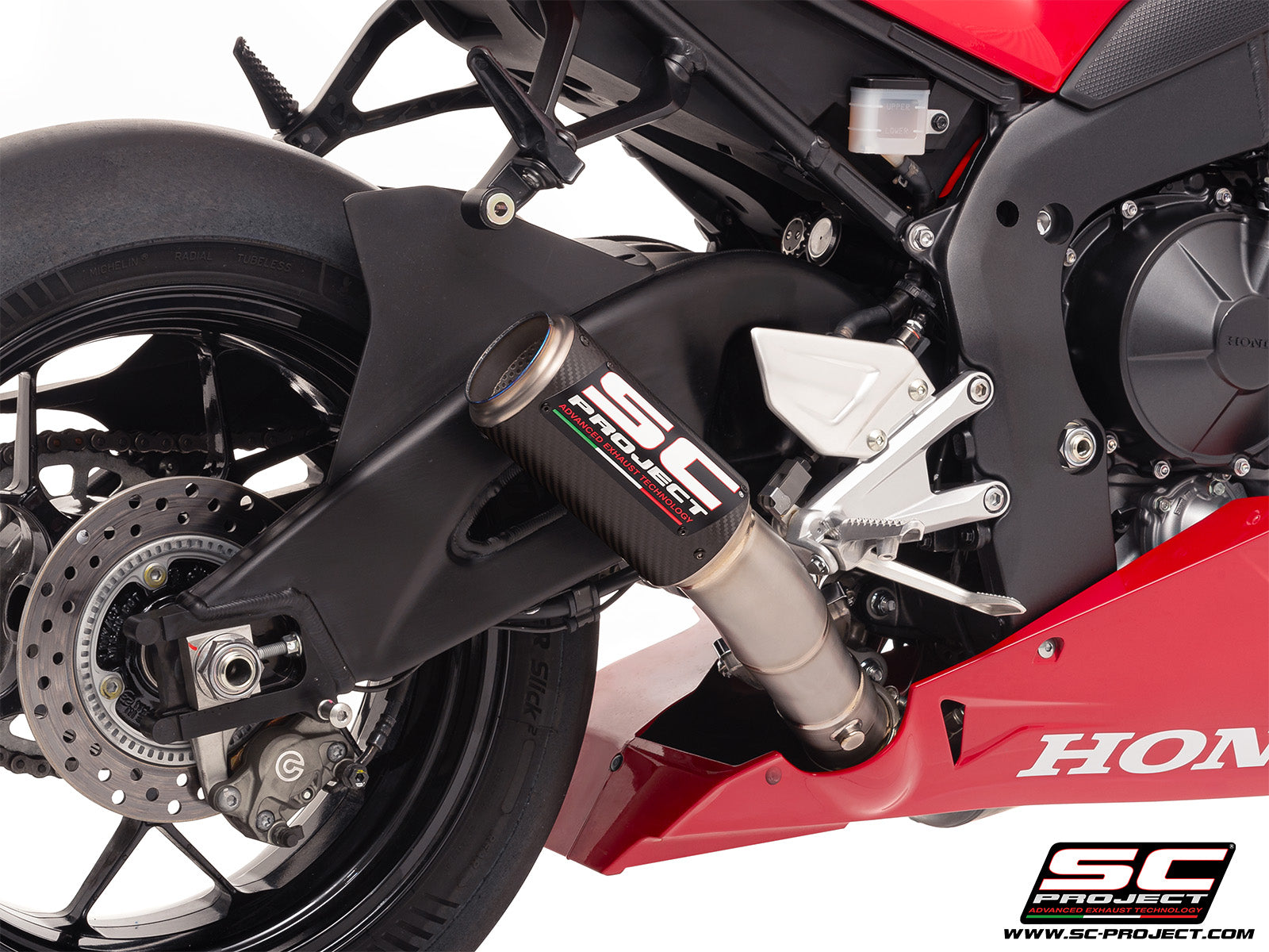 Honda CBR1000RR-R 2025 with SC-Project CR-T carbon exhaust, 3/4 rear view