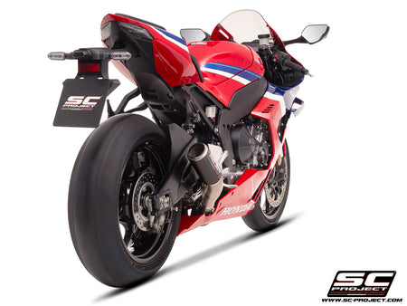 Honda CBR1000RR-R 2025 with SC-Project CR-T carbon exhaust, 3/4 rear view