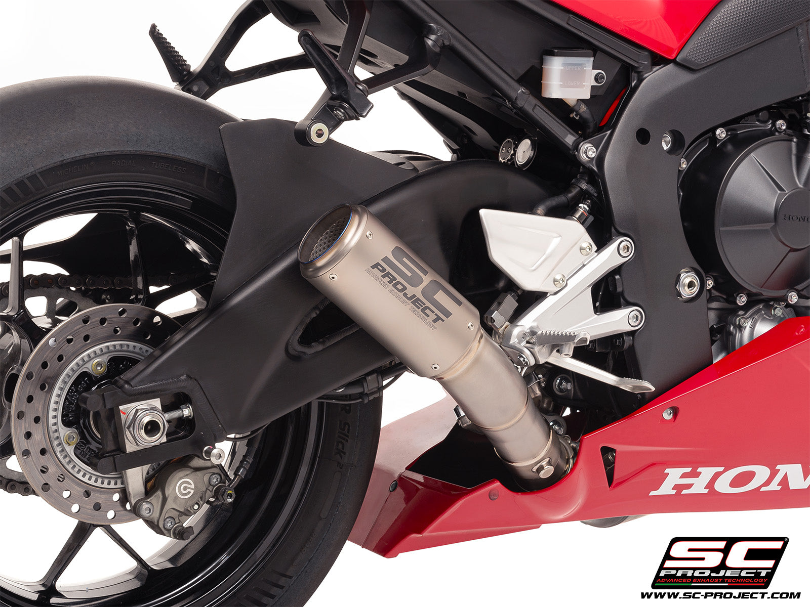 Honda CBR1000RR-R 2025 with SC-Project CR-T titanium exhaust, 3/4 rear view