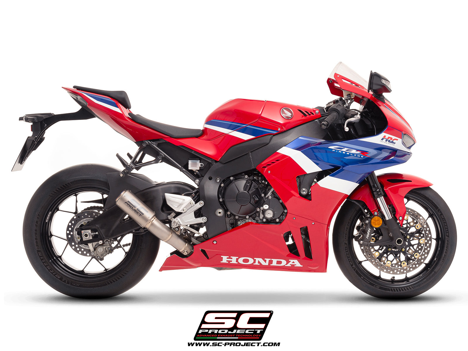 Honda CBR1000RR-R 2025 with SC-Project CR-T titanium exhaust, 3/4 rear view