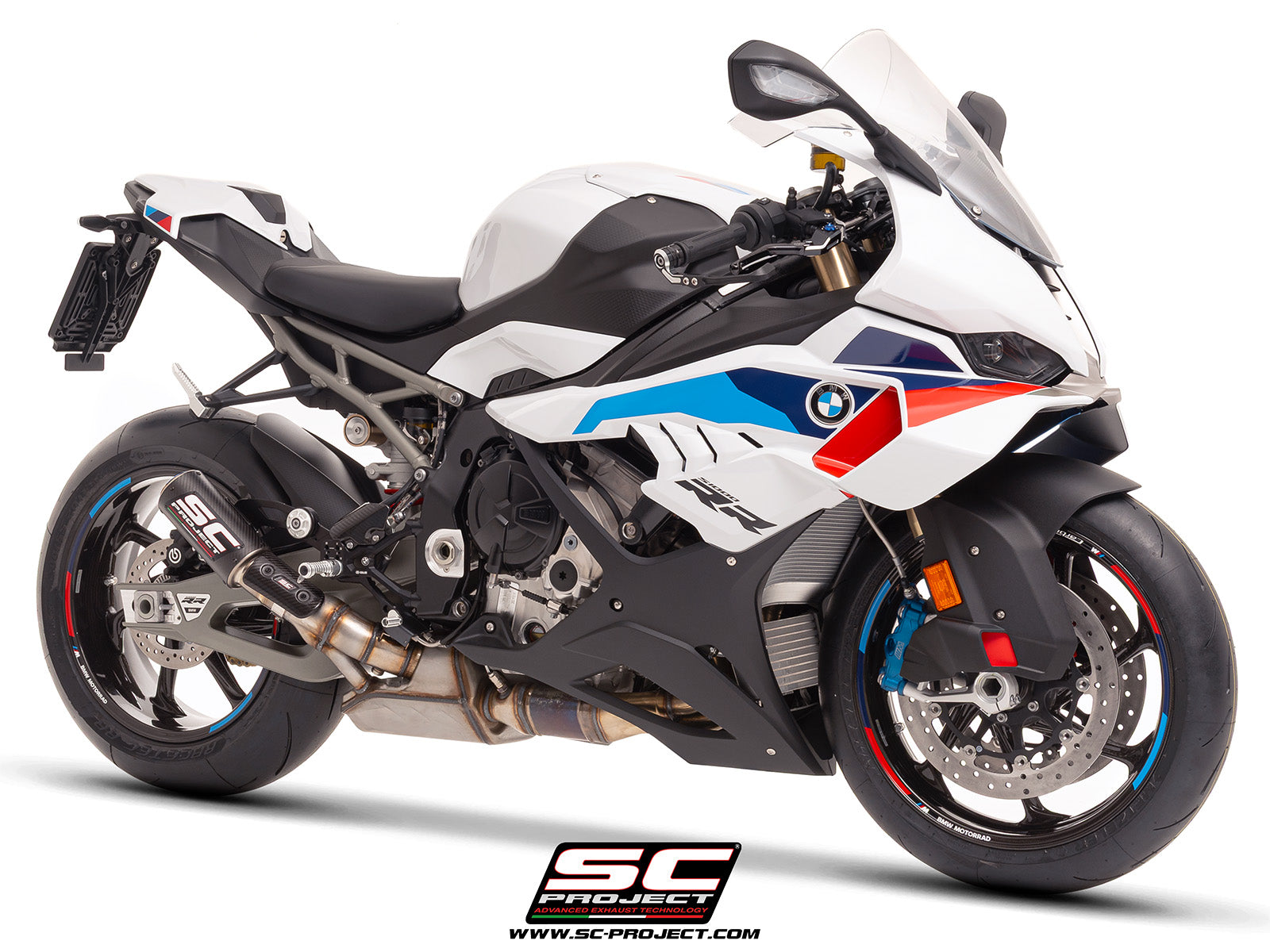 BMW S 1000 RR with SC-Project CR-T carbon exhaust, with stoneguard grid, 3/4 rear view