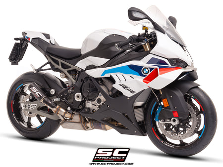 BMW S 1000 RR with SC-Project CR-T carbon exhaust, with stoneguard grid, 3/4 rear view