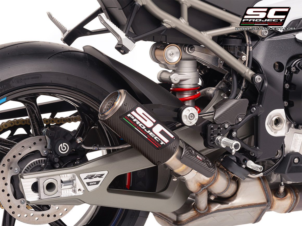 BMW S 1000 RR with SC-Project CR-T carbon exhaust, with stoneguard grid, 3/4 rear view