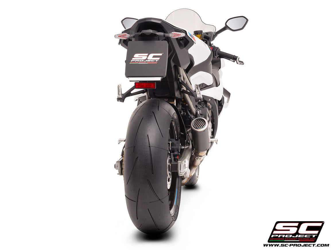 BMW S 1000 RR with SC-Project CR-T carbon exhaust, with stoneguard grid, 3/4 rear view