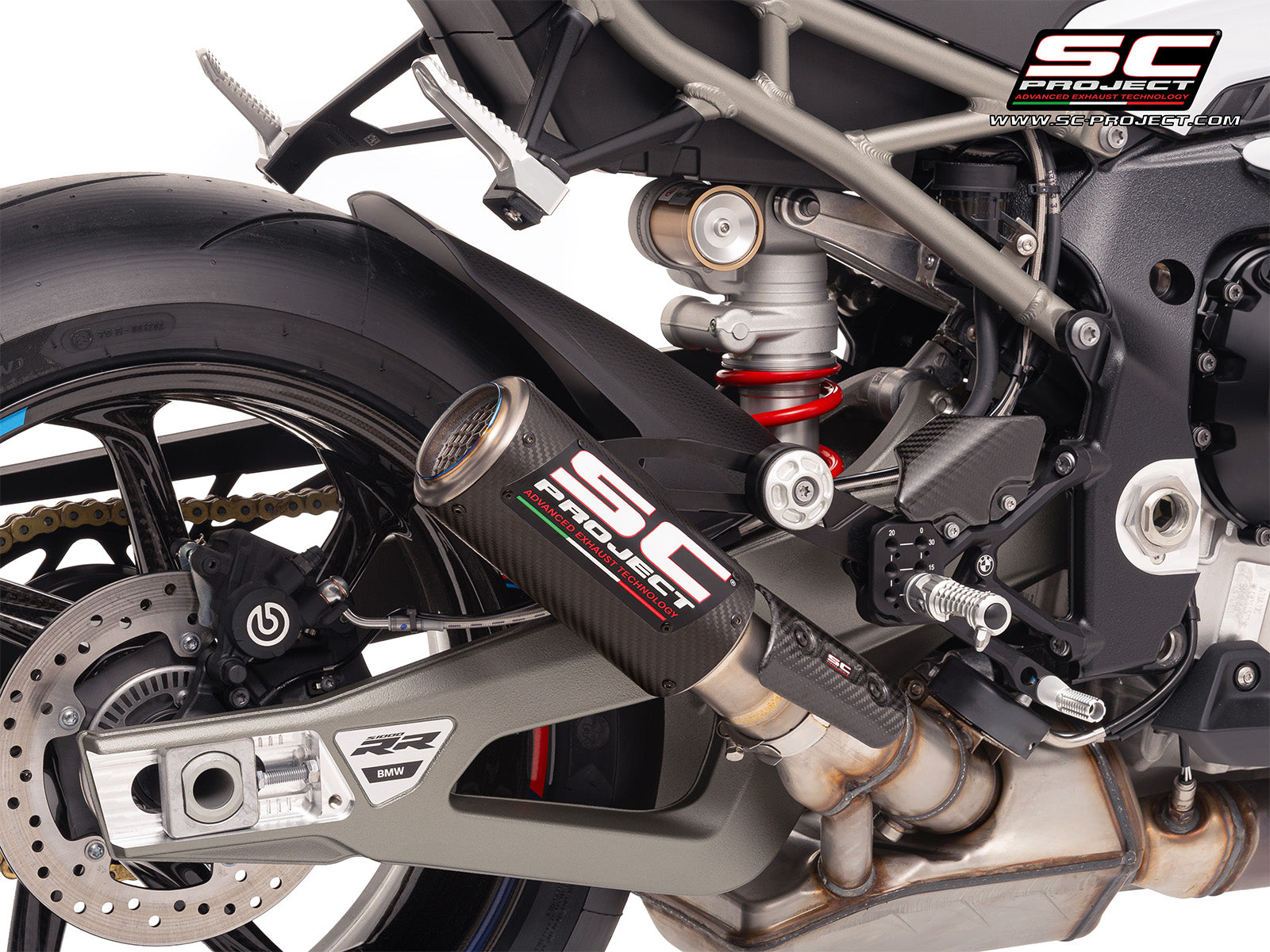 BMW S 1000 RR with SC-Project CR-T carbon exhaust, with stoneguard grid, 3/4 rear view