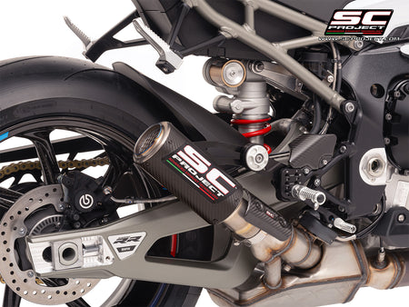 BMW S 1000 RR with SC-Project CR-T carbon exhaust, with stoneguard grid, 3/4 rear view