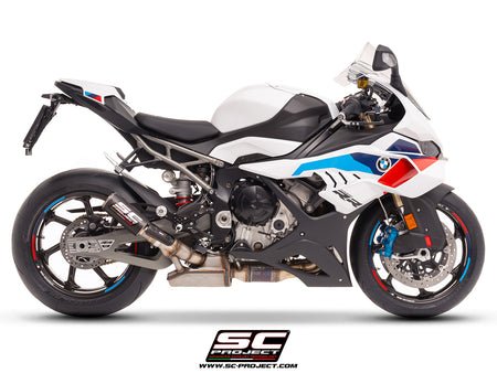 BMW S 1000 RR with SC-Project CR-T carbon exhaust, with stoneguard grid, 3/4 rear view