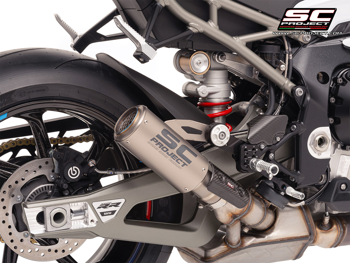 BMW S 1000 RR with SC-Project CR-T titanium exhaust, with stoneguard grid, 3/4 rear view