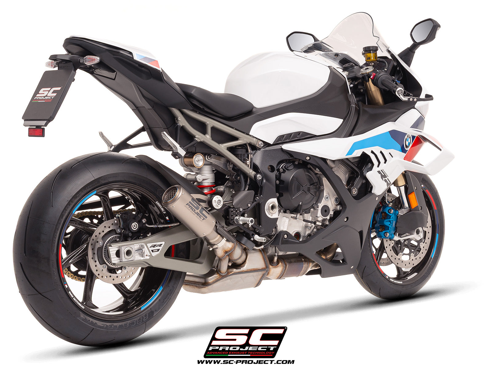 BMW S 1000 RR with SC-Project CR-T titanium exhaust, with stoneguard grid, 3/4 rear view