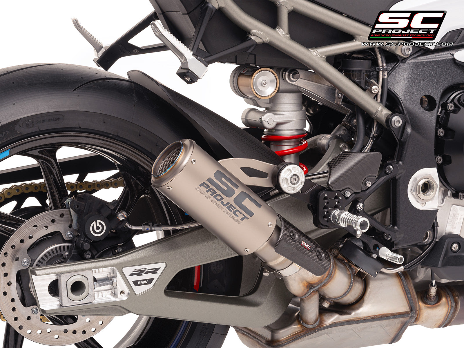 BMW S 1000 RR with SC-Project CR-T titanium exhaust, with stoneguard grid, 3/4 rear view