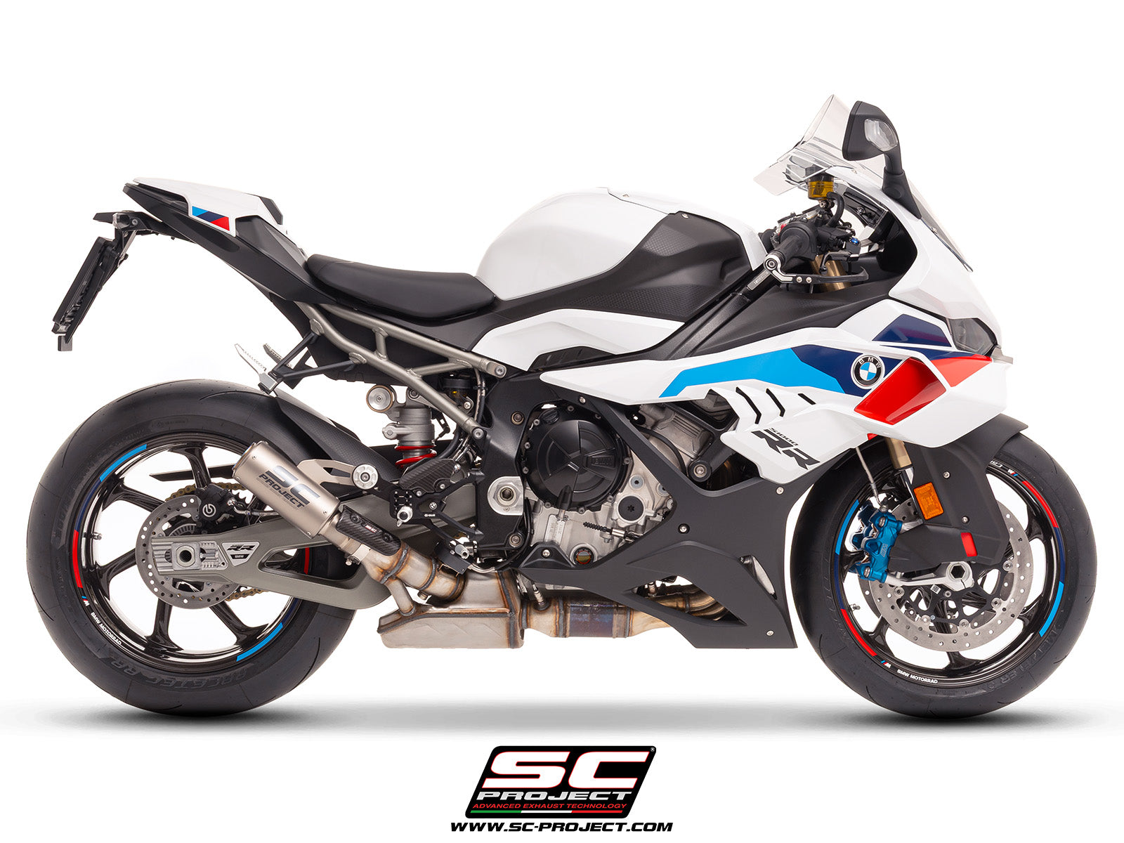 BMW S 1000 RR with SC-Project CR-T titanium exhaust, with stoneguard grid, 3/4 rear view