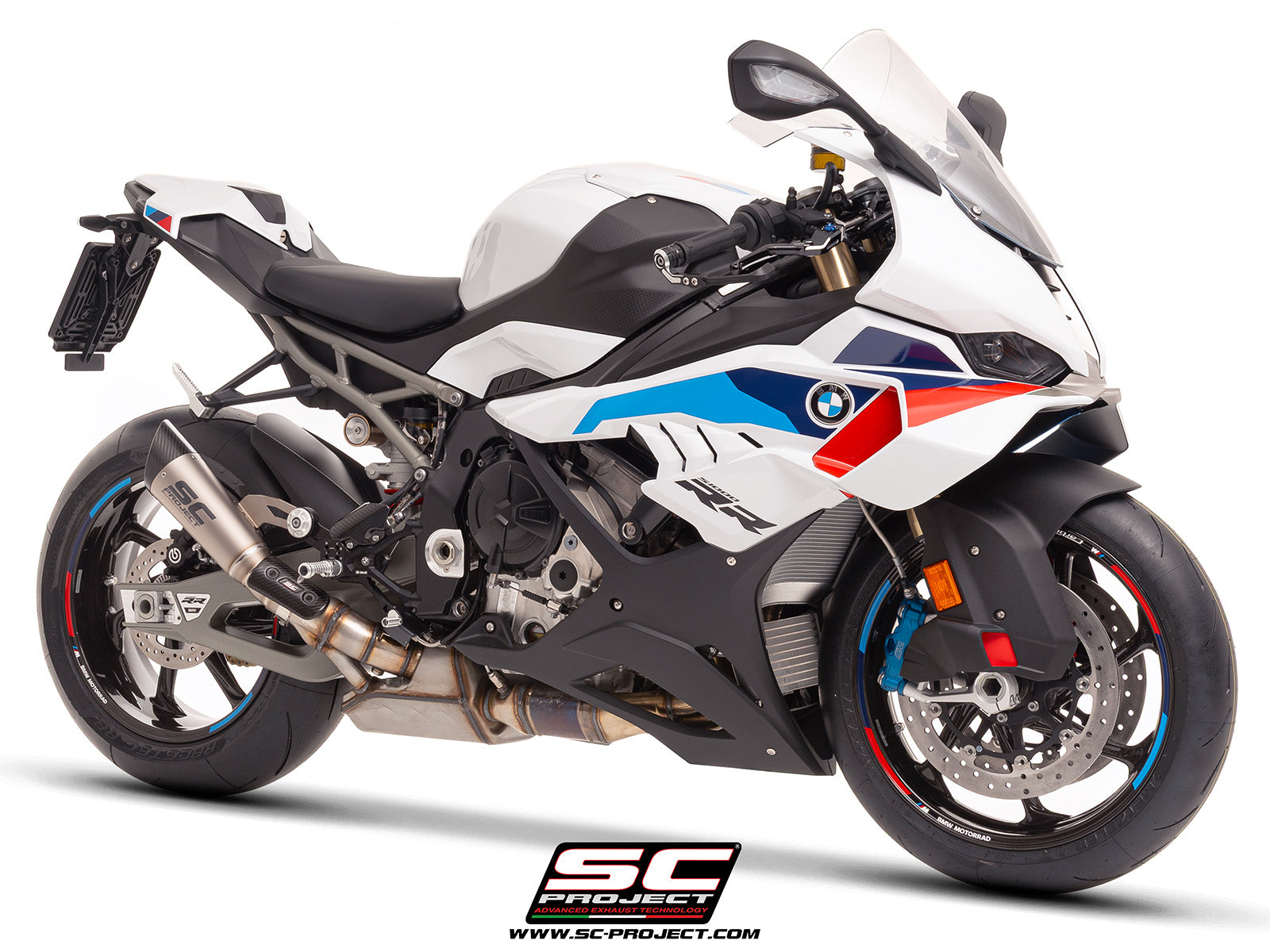 BMW S 1000 RR with SC-Project S1 titanium exhaust, 3/4 rear view
