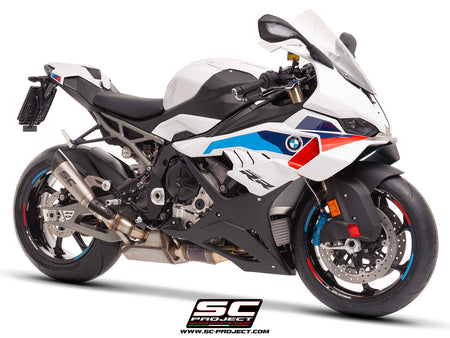BMW S 1000 RR with SC-Project S1 titanium exhaust, 3/4 rear view