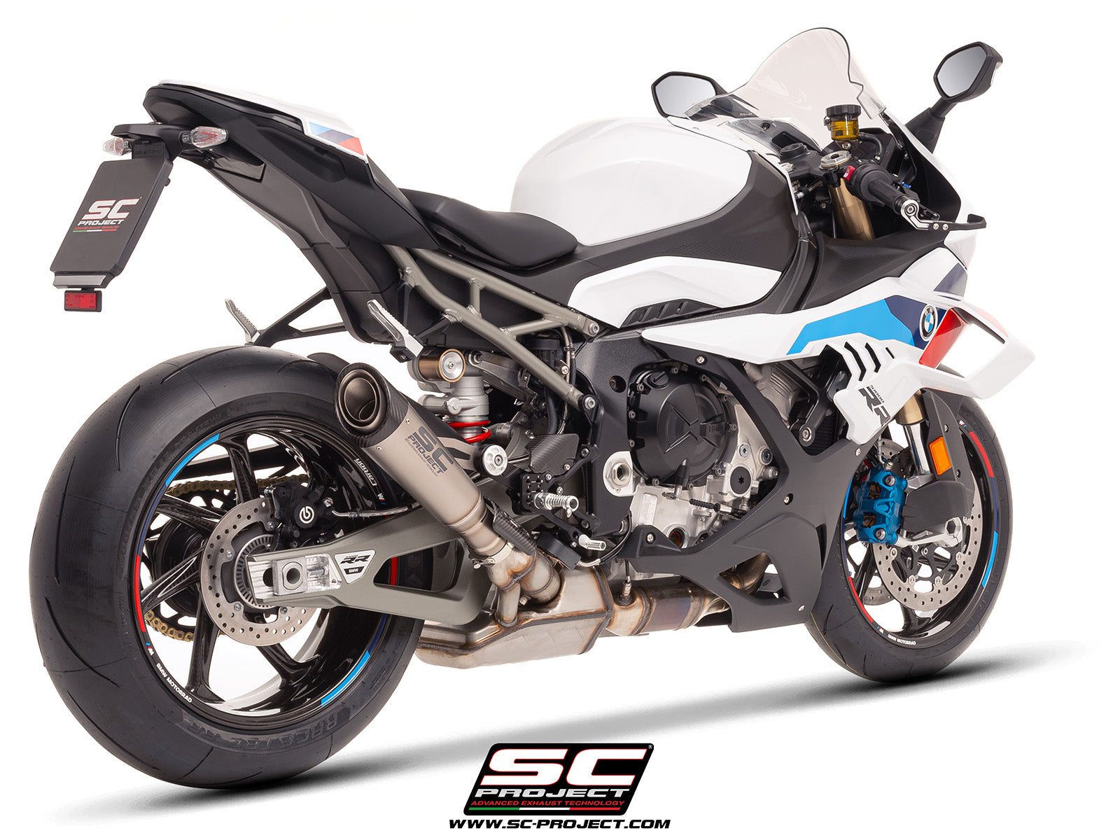 BMW S 1000 RR with SC-Project S1 titanium exhaust, 3/4 rear view