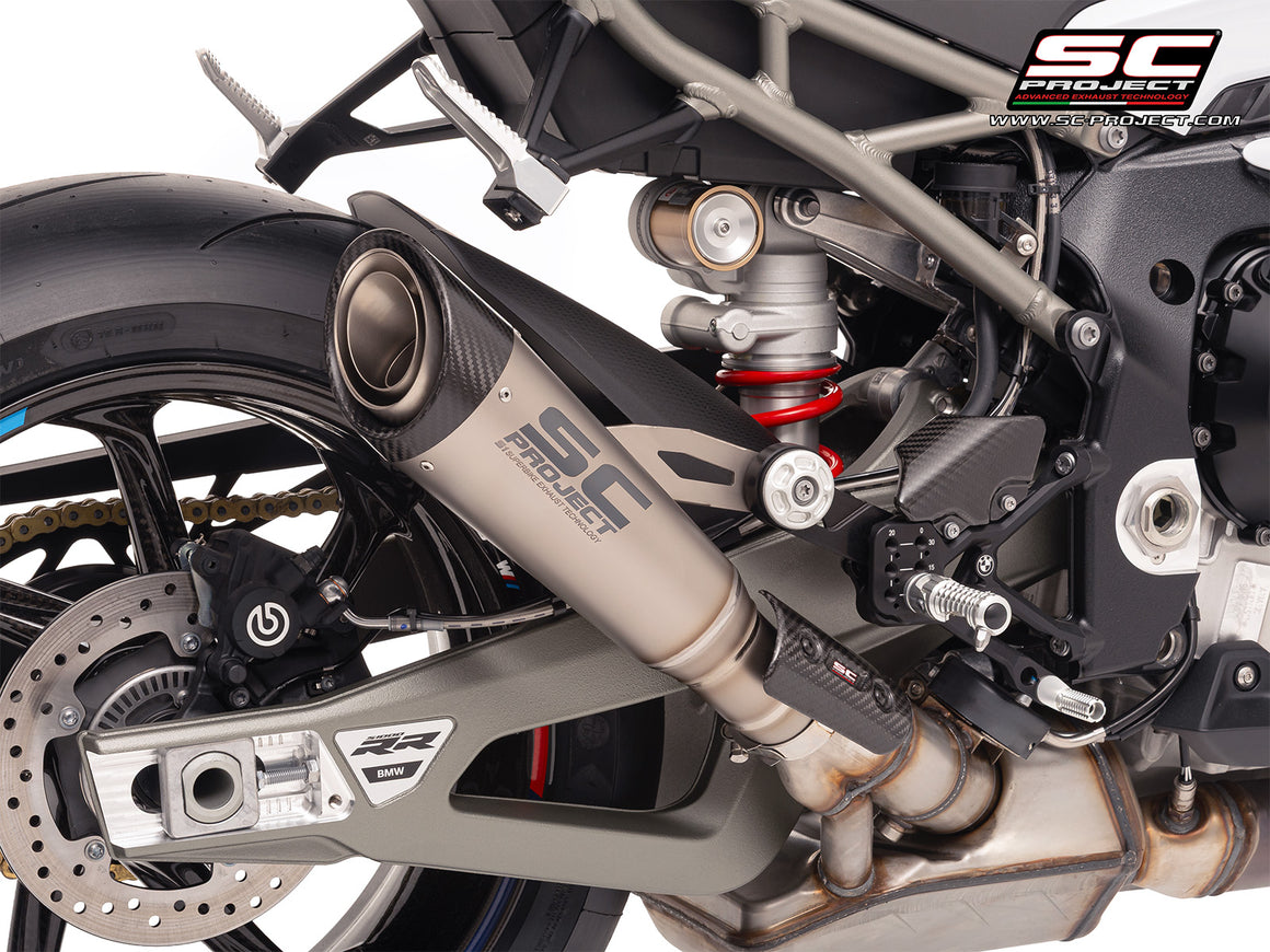 BMW S 1000 RR with SC-Project S1 titanium exhaust, 3/4 rear view