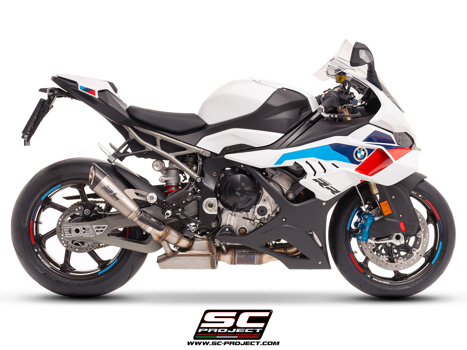 BMW S 1000 RR with SC-Project S1 titanium exhaust, 3/4 rear view