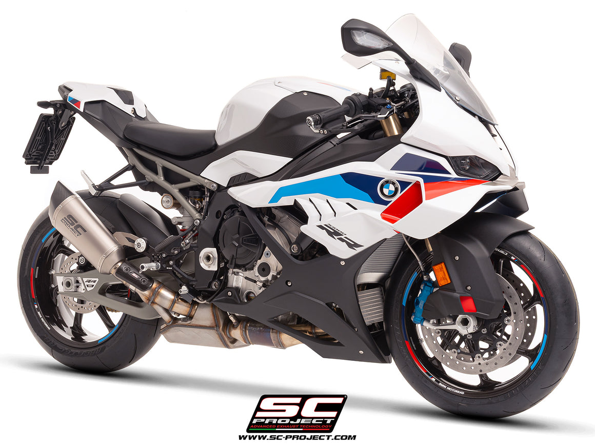 BMW S 1000 RR with SC-Project SC1-R titanium exhaust, 3/4 rear view
