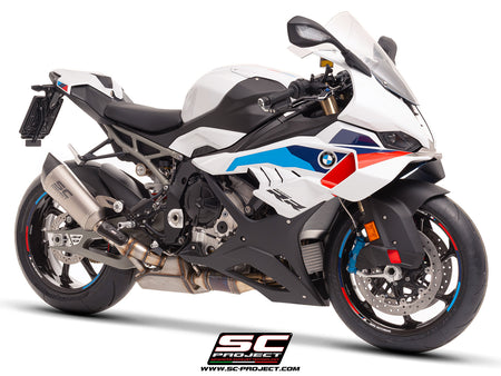 BMW S 1000 RR with SC-Project SC1-R titanium exhaust, 3/4 rear view